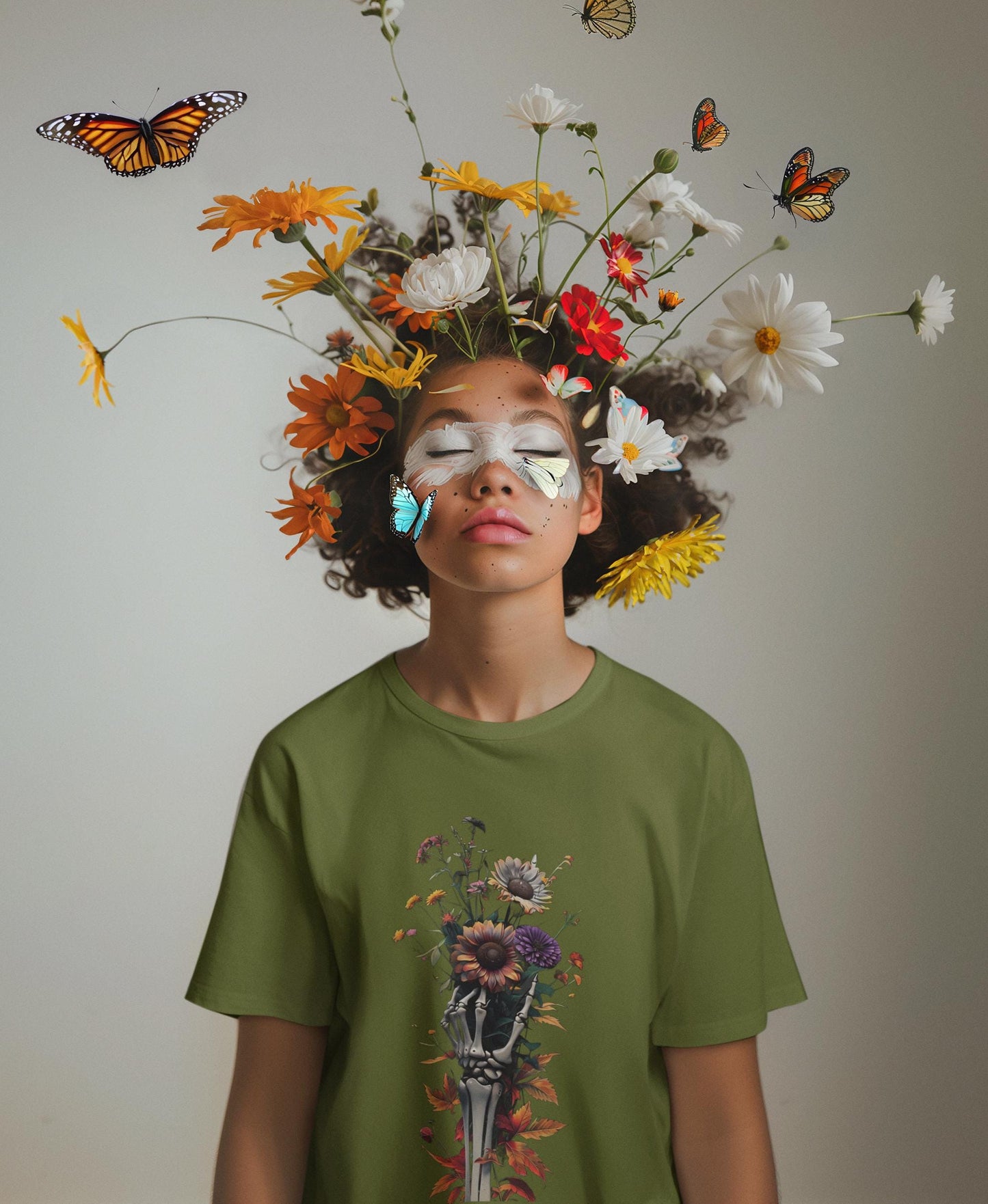 Skeleton Hand Wildflower Bouquet T-Shirt, Casual Tee, Nature Lover Shirt, Floral Graphic Top, Botanical Print Apparel