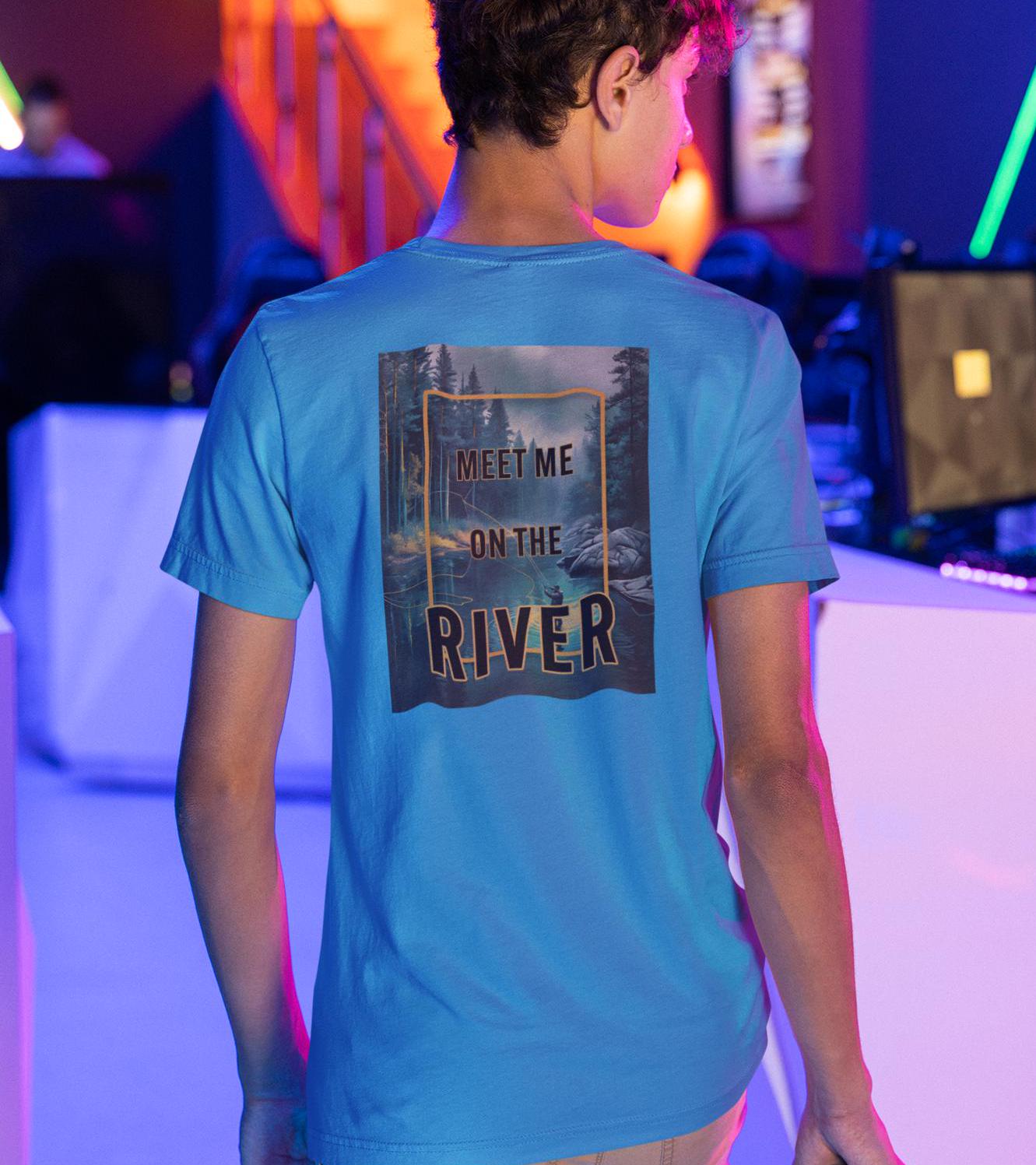 River Adventure Champion T-Shirt, Fishing Wanderlust Tee, Nature Lover Shirt, Watercolor River Scene Tee
