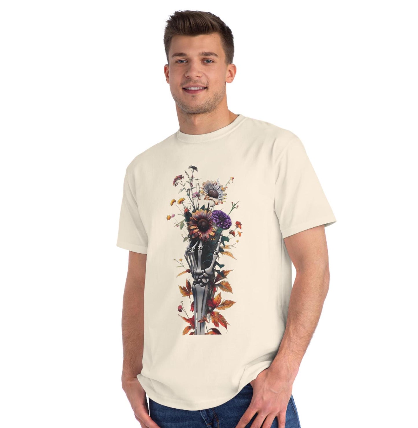 Skeleton Hand Wildflower Bouquet T-Shirt, Casual Tee, Nature Lover Shirt, Floral Graphic Top, Botanical Print Apparel