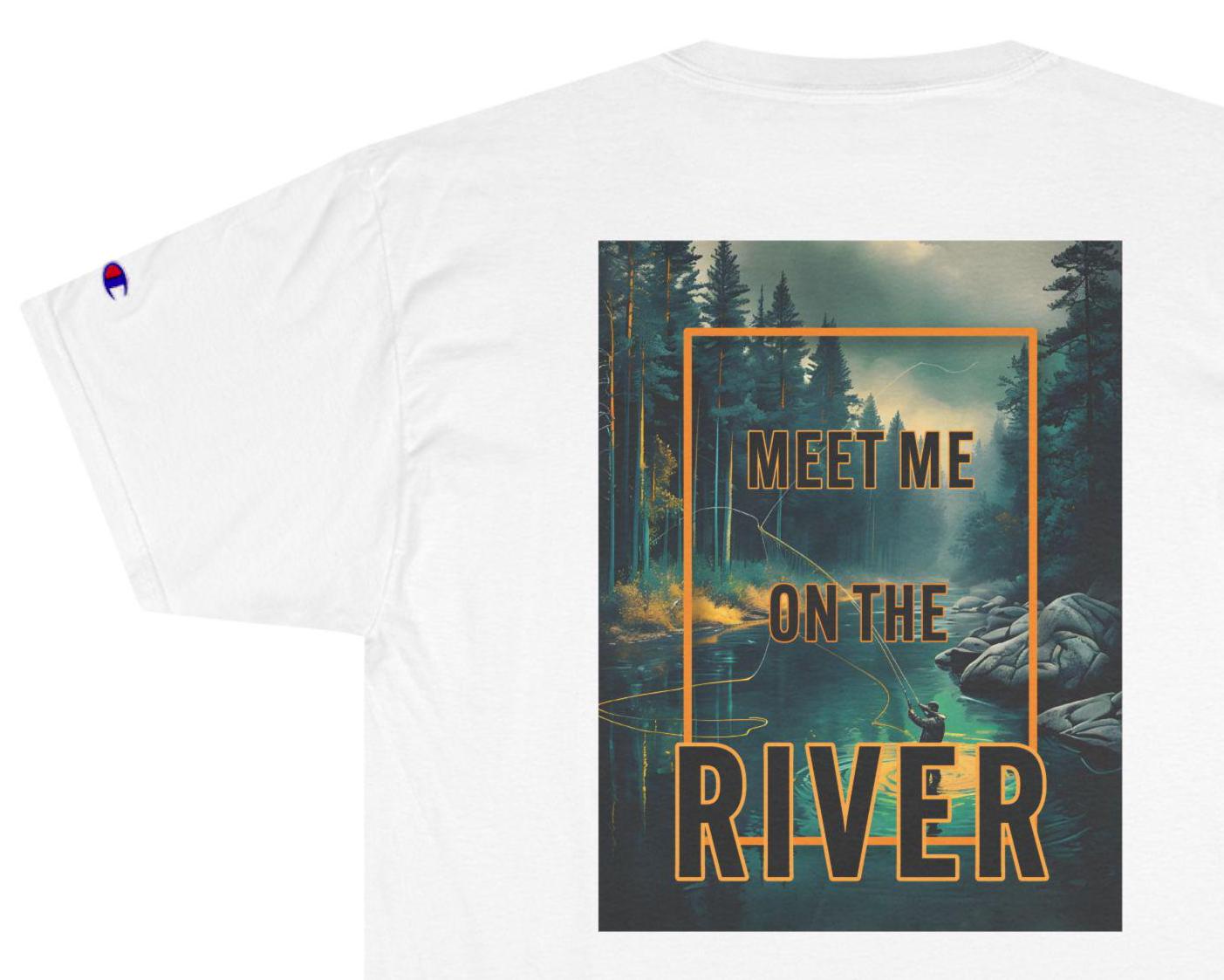 River Adventure Champion T-Shirt, Fishing Wanderlust Tee, Nature Lover Shirt, Watercolor River Scene Tee