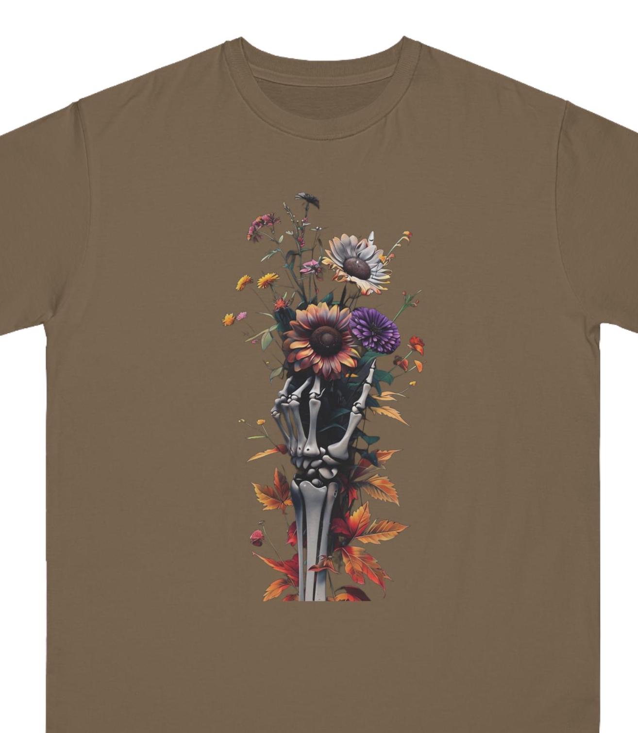 Skeleton Hand Wildflower Bouquet T-Shirt, Casual Tee, Nature Lover Shirt, Floral Graphic Top, Botanical Print Apparel