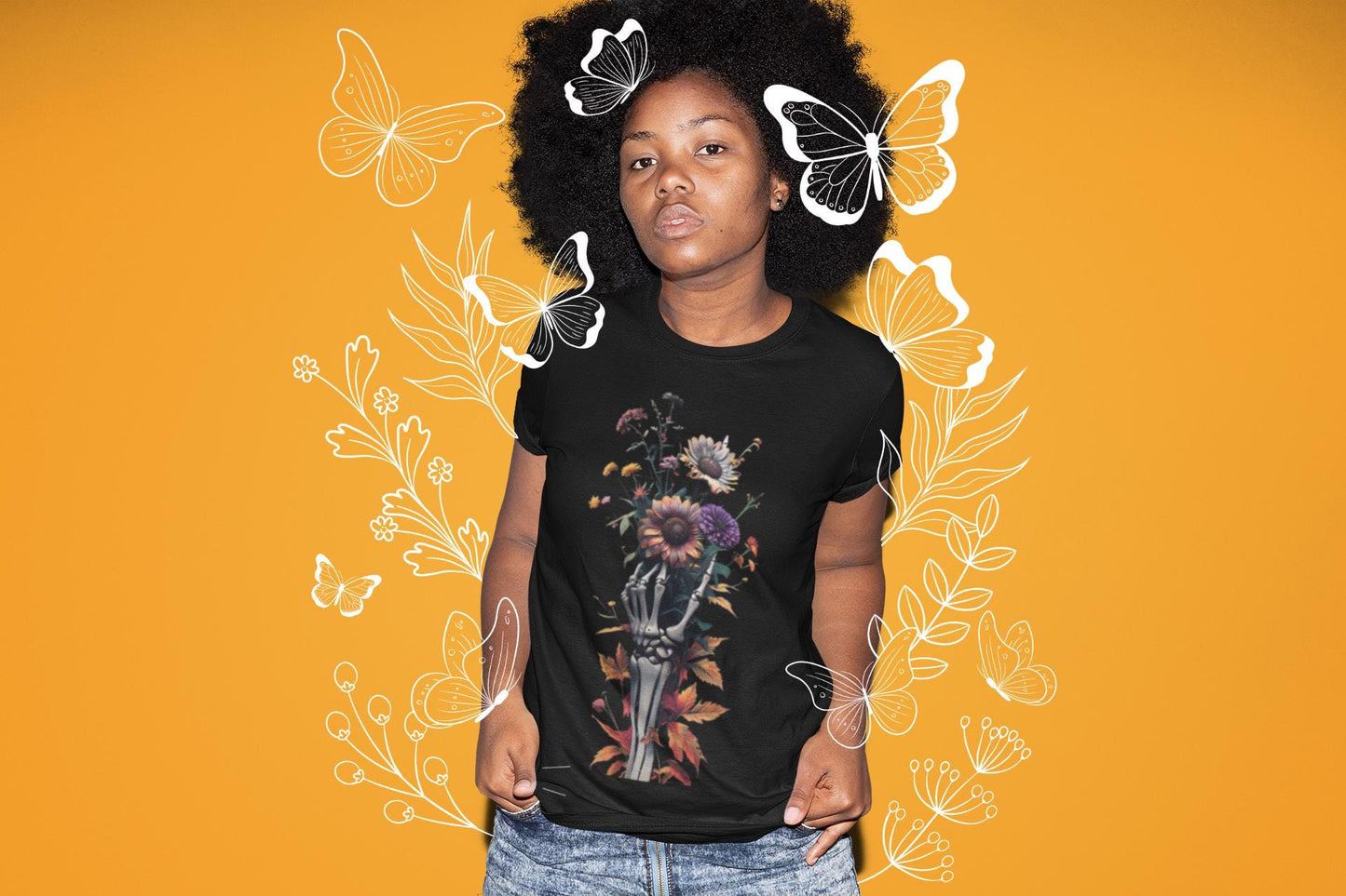 Skeleton Hand Wildflower Bouquet T-Shirt, Casual Tee, Nature Lover Shirt, Floral Graphic Top, Botanical Print Apparel