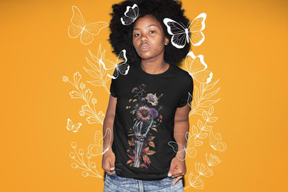 Skeleton Hand Wildflower Bouquet T-Shirt, Casual Tee, Nature Lover Shirt, Floral Graphic Top, Botanical Print Apparel
