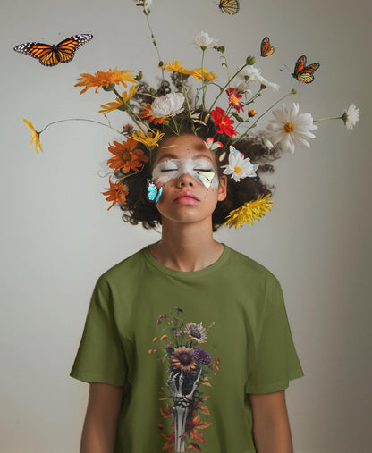 Skeleton Hand Wildflower Bouquet T-Shirt, Casual Tee, Nature Lover Shirt, Floral Graphic Top, Botanical Print Apparel