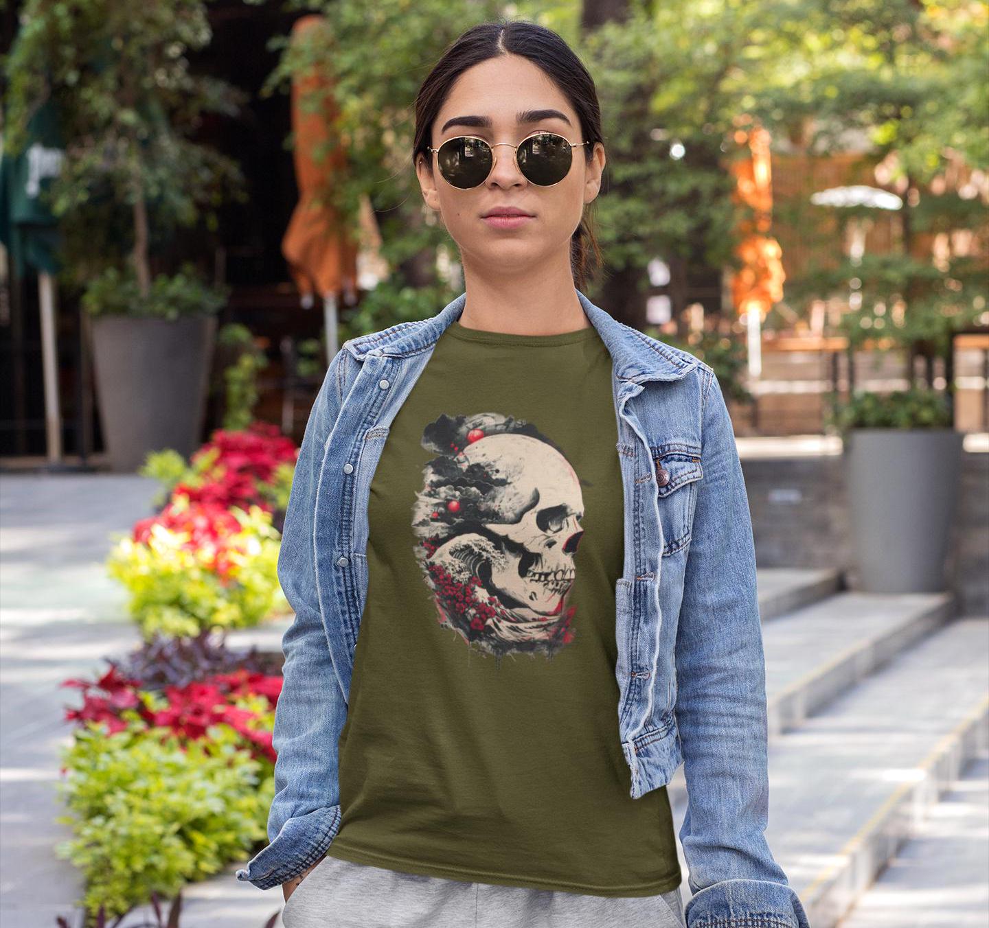 Skull Ocean Waves Floral T-Shirt, Beach Graphic Tee, Nature Lover Gift, Boho Summer Top, Flower Print Shirt