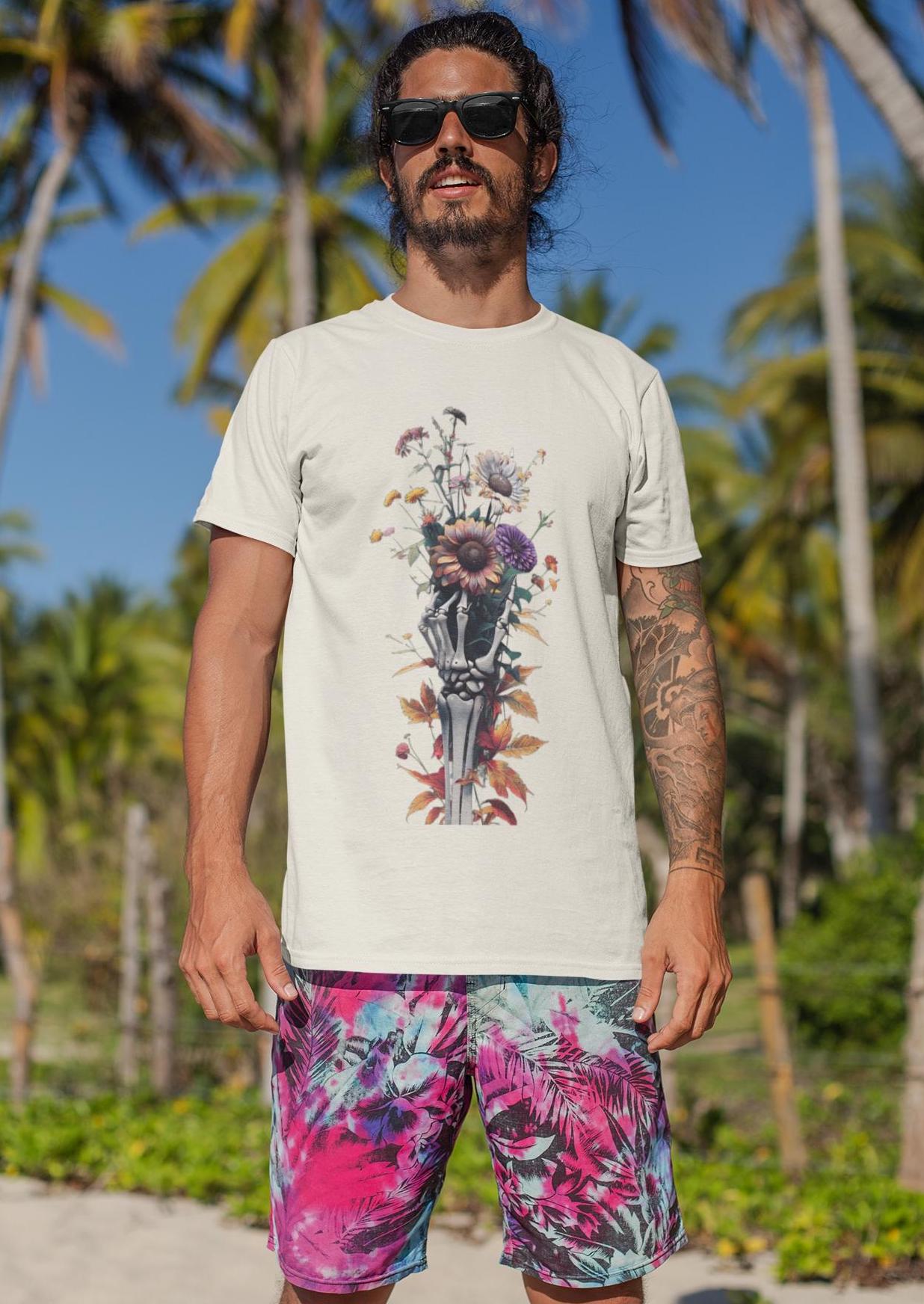 Skeleton Hand Wildflower Bouquet T-Shirt, Casual Tee, Nature Lover Shirt, Floral Graphic Top, Botanical Print Apparel