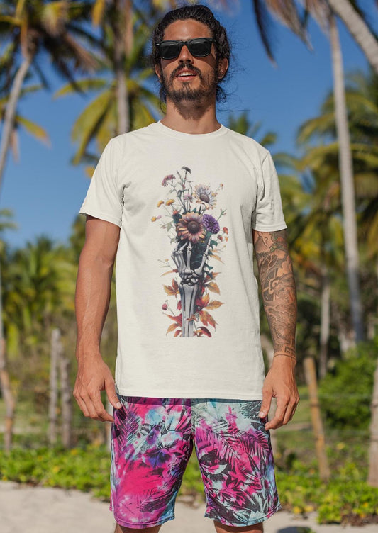 Skeleton Hand Wildflower Bouquet T-Shirt, Casual Tee, Nature Lover Shirt, Floral Graphic Top, Botanical Print Apparel