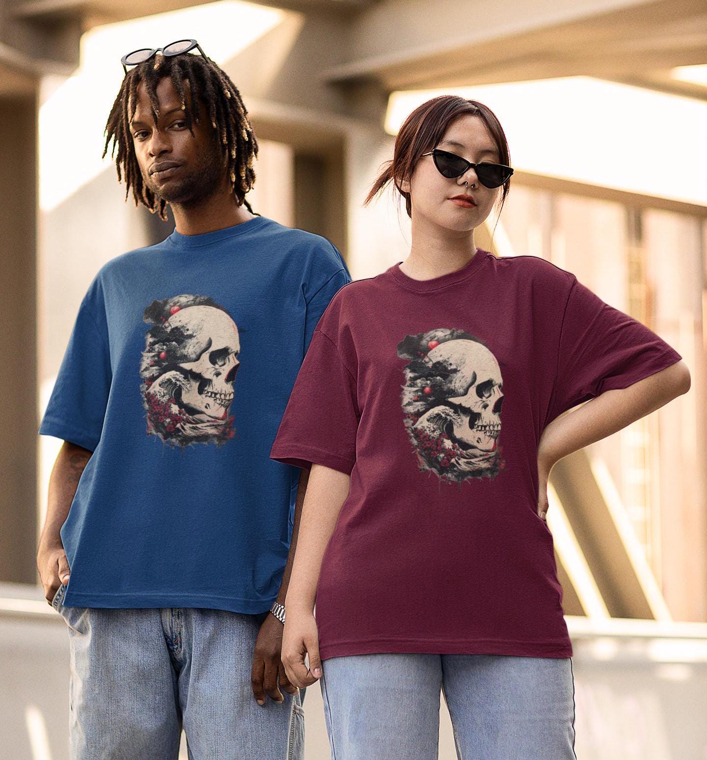 Skull Ocean Waves Floral T-Shirt, Beach Graphic Tee, Nature Lover Gift, Boho Summer Top, Flower Print Shirt