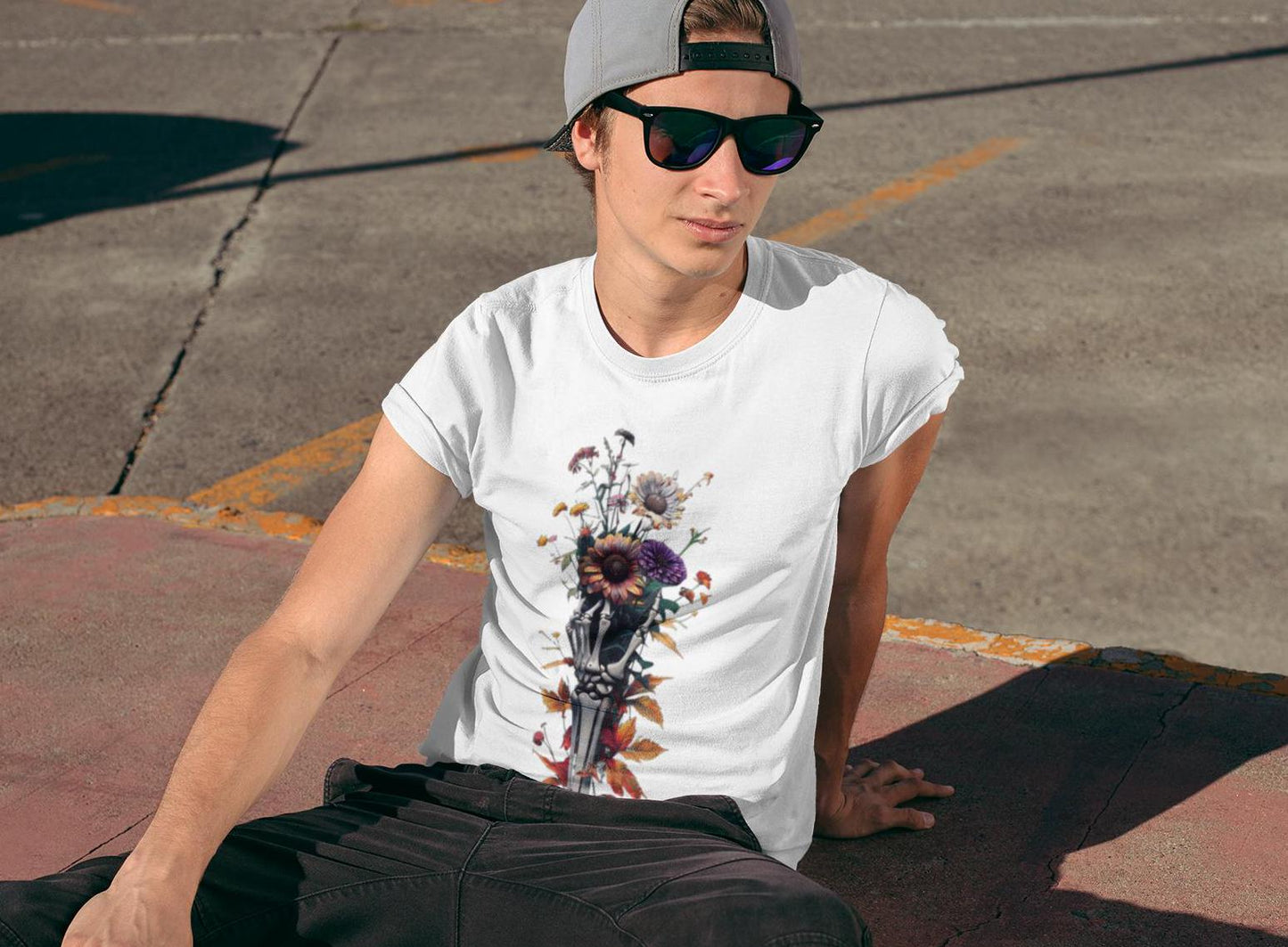 Skeleton Hand Wildflower Bouquet T-Shirt, Casual Tee, Nature Lover Shirt, Floral Graphic Top, Botanical Print Apparel