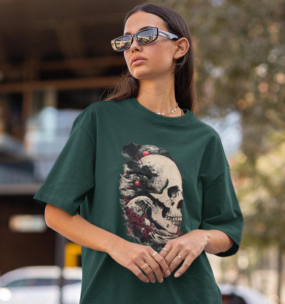Skull Ocean Waves Floral T-Shirt, Beach Graphic Tee, Nature Lover Gift, Boho Summer Top, Flower Print Shirt